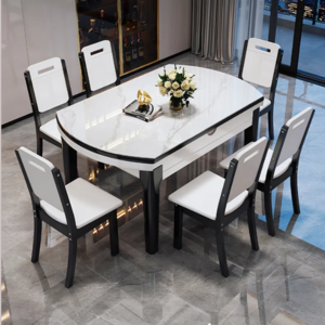 New Modern Home Furniture Dinning Room Set 6Seater Microfiber Leather Upholstery Round Marble Dining Table For Restaurant