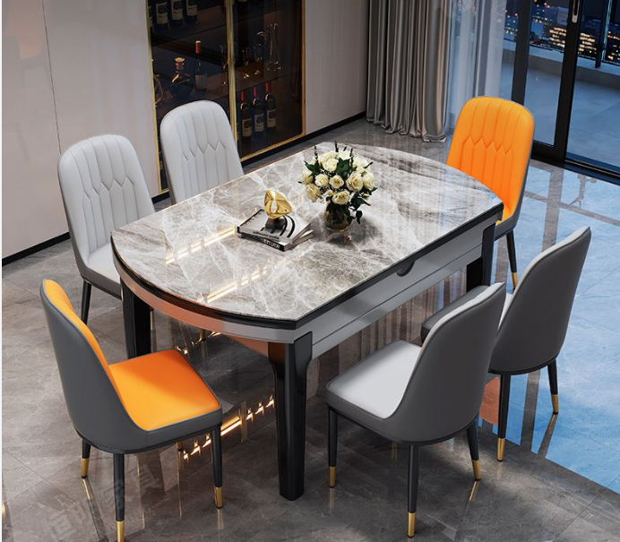 New Modern Home Furniture Dinning Room Set 6Seater Microfiber Leather Upholstery Round Marble Dining Table For Restaurant