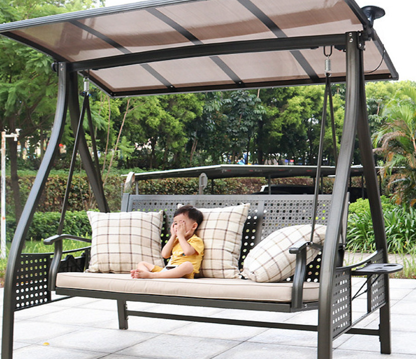 Outdoor rattan swing rainproof swing outdoor cradle chair solar double three person swing with light