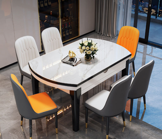 New Modern Home Furniture Dinning Room Set 6Seater Microfiber Leather Upholstery Round Marble Dining Table For Restaurant