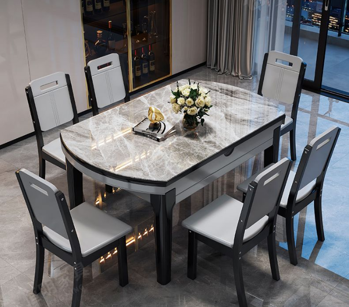 New Modern Home Furniture Dinning Room Set 6Seater Microfiber Leather Upholstery Round Marble Dining Table For Restaurant