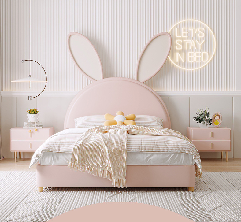 children's bed Nordic single bedroom princess bed girl pink technology leather bed child