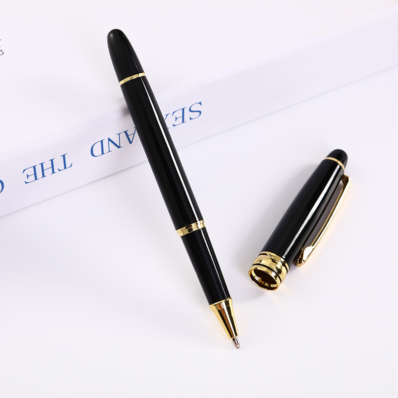 Business Luxury Gift Black Body Gold Silver Trim Personalized Logo Ball Pen Gift Set With Box Printed Pens Metal For Men