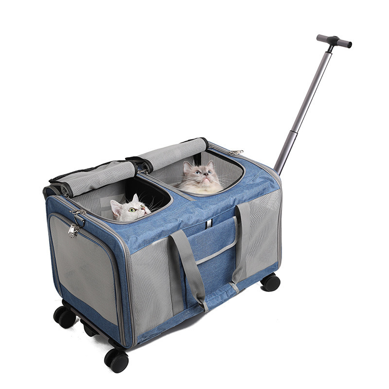 Large Capacity Soft-Sided Double Compartment Detachable Travel Carrier Pet Rolling Cat Carrier with Wheels