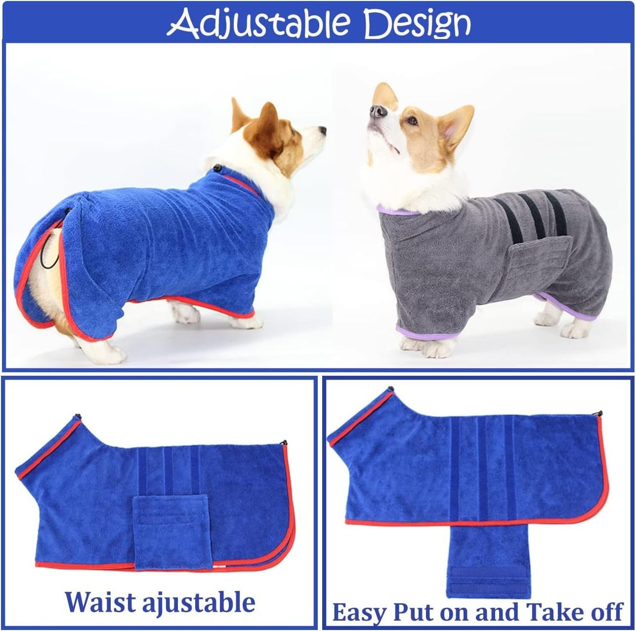 100% Microfiber Super Absorbent Dog Drying Coat Soft Adjustable Pet Dog Bath Robe Towel Wrap for Drying Dogs