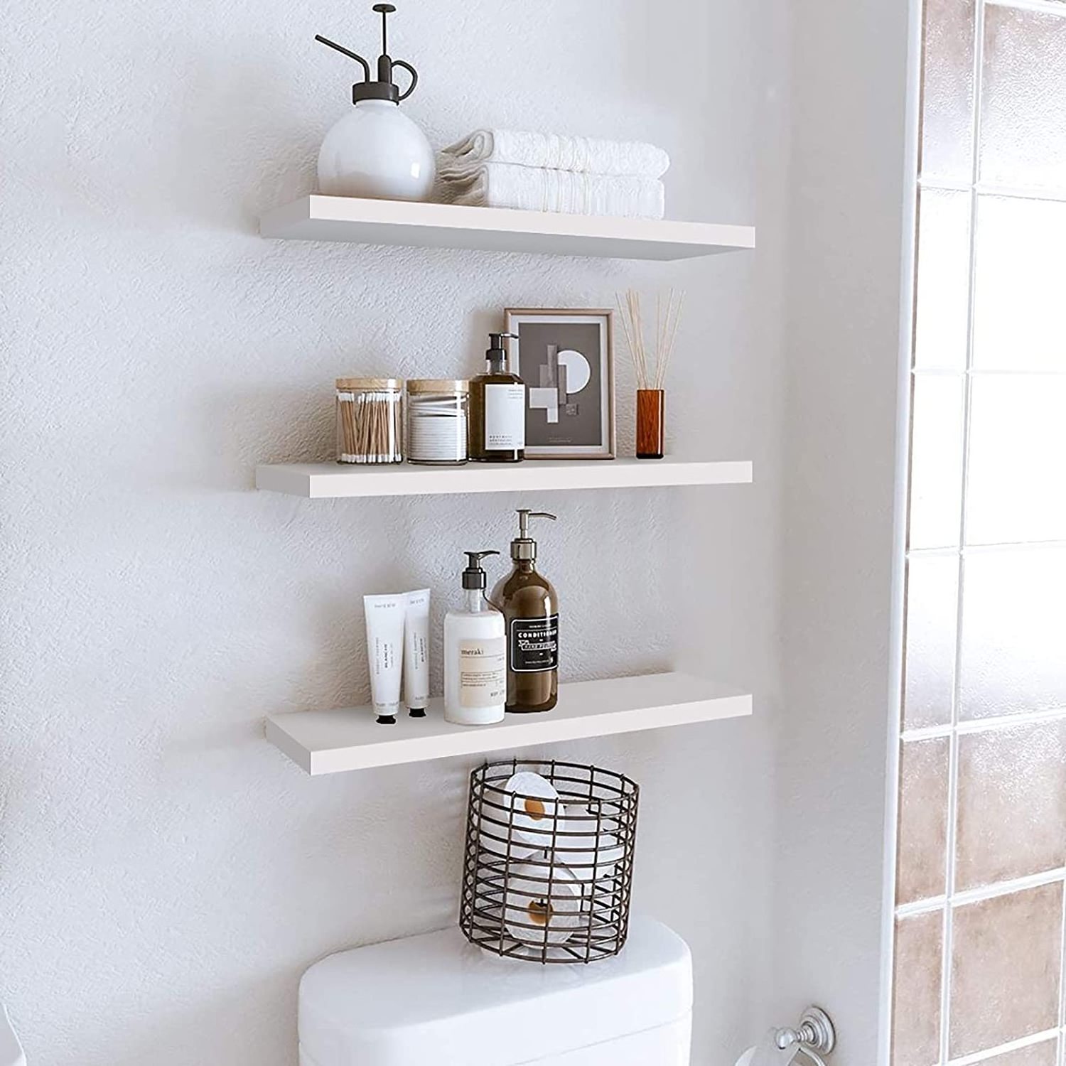 Wooden display stand  wall mounted white wall floating shelf suitable for living room  bedroom  bathroom  kitchen