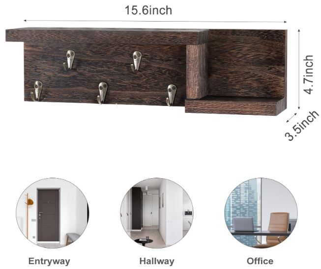 Entryway Shelf with Hooks Holds Leashes Jackets and Glasses Sturdy Wood Keyholder Decorative Key Holder for Wall with Shelf