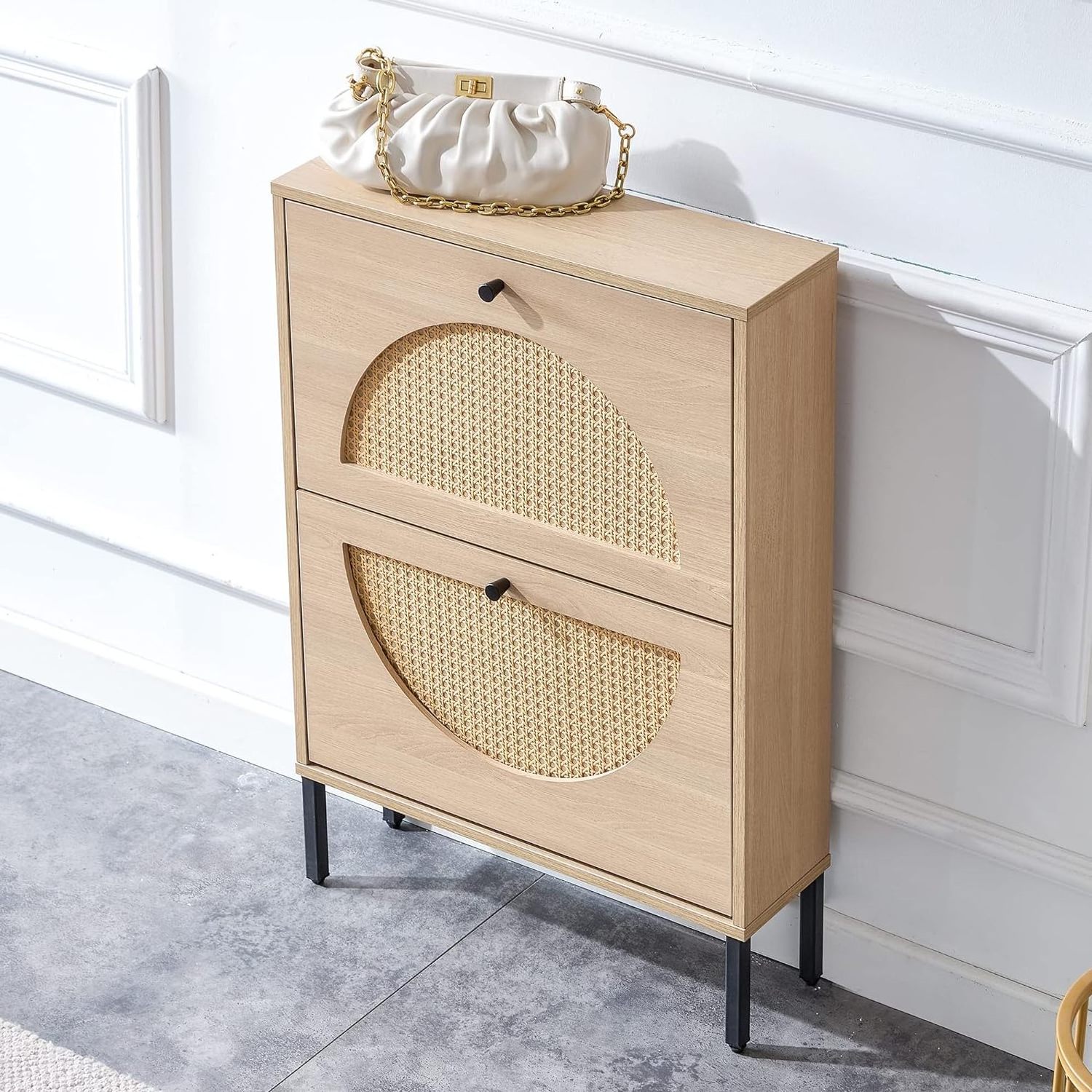 Customizable rattan shoe cabinet with 2 clamshell drawers for entrance hallway