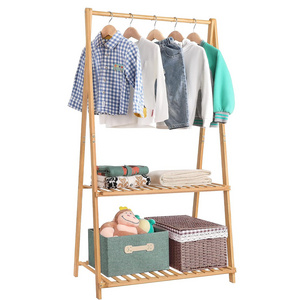 Bamboo Child Garment Rack with 2Tier Storage Shelf Kids Clothing Rack Costumes Organizer for Bedroom Small Clothes Rack for Kids