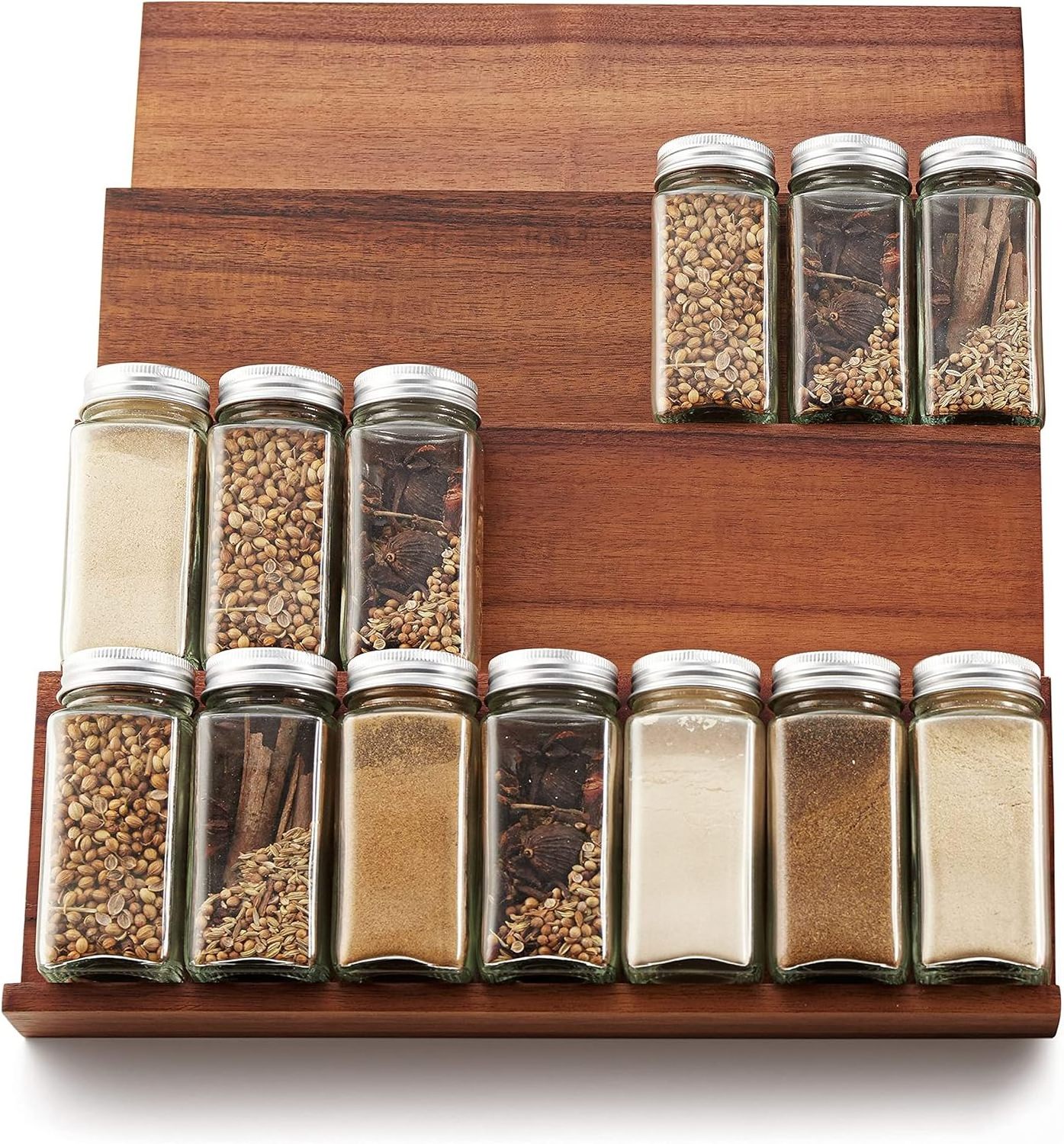 Wooden Tray Spice Racks Organizer for Drawer 4 Tier Spice Storage Shelf for Cabinet Kitchen Seasoning Storage