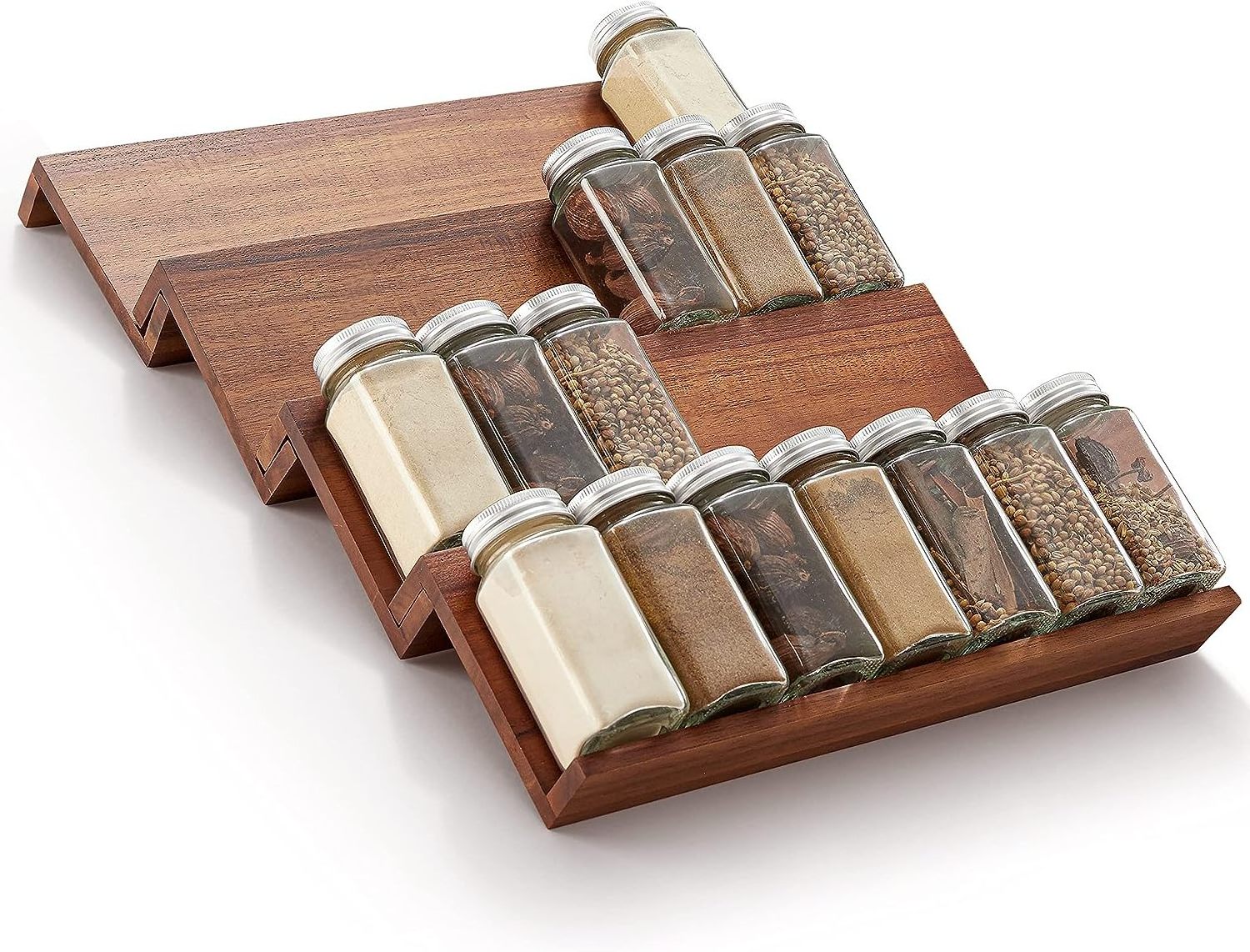 Wooden Tray Spice Racks Organizer for Drawer 4 Tier Spice Storage Shelf for Cabinet Kitchen Seasoning Storage