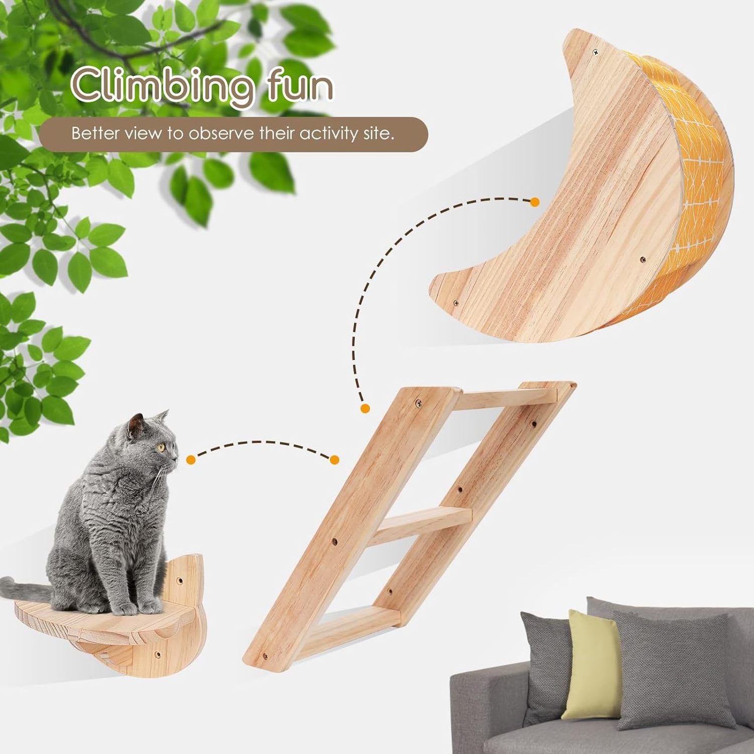 Cat hammock wall mounted 3-piece set, moon shaped cat wall frame with cat wall steps, wooden cat wall furniture cat bed