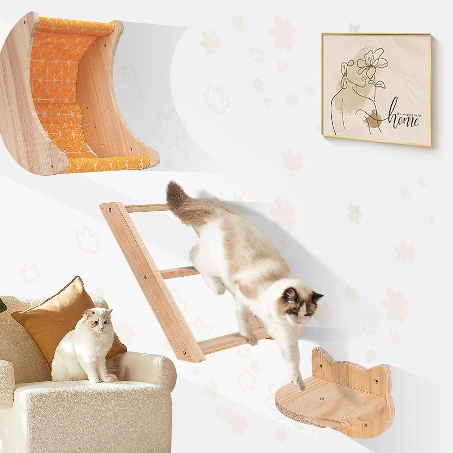 Cat hammock wall mounted 3-piece set, moon shaped cat wall frame with cat wall steps, wooden cat wall furniture cat bed