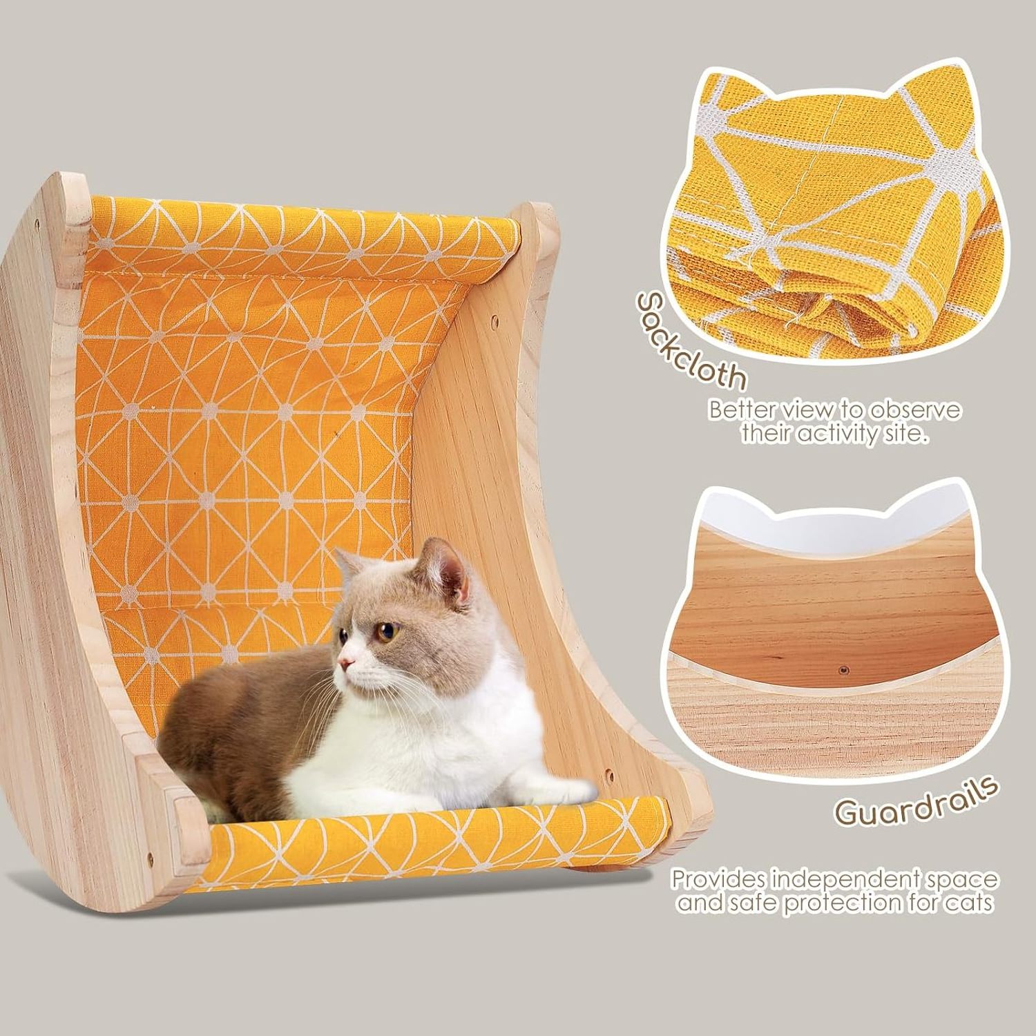 Cat hammock wall mounted 3-piece set, moon shaped cat wall frame with cat wall steps, wooden cat wall furniture cat bed