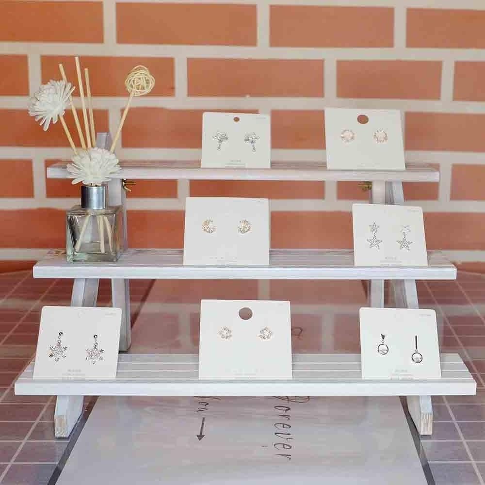 Vintage White Display Riser 3 tier Earring Display Stands Merchandise Organizer Display Tray Solid Wood Cupcake Shows Shelf