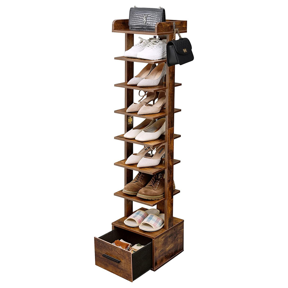 8 Tiers Vertical Shoe Rack Wooden Narrow Shoe Tower with Drawer Free Standing Shoe Storage Shelf for Small Space Entryway