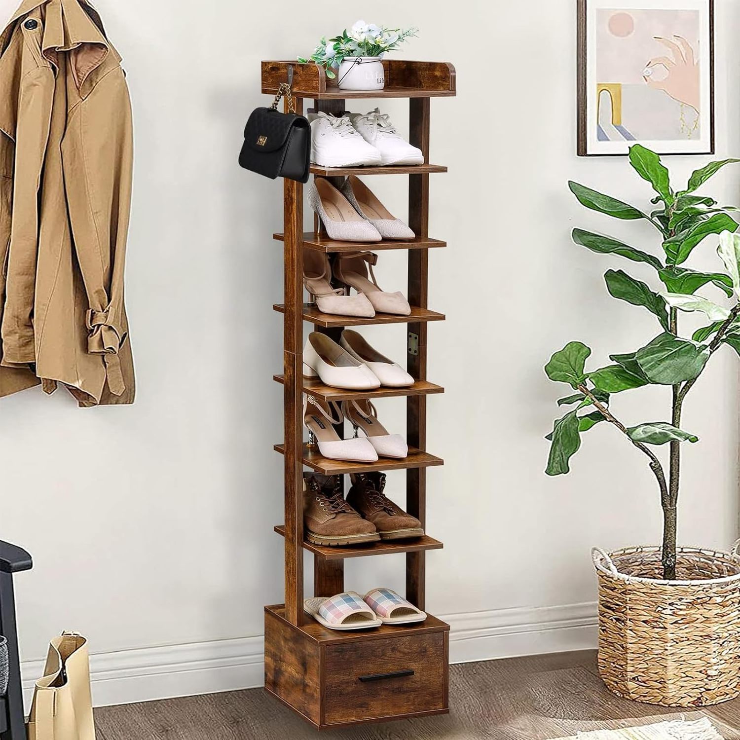 8 Tiers Vertical Shoe Rack Wooden Narrow Shoe Tower with Drawer Free Standing Shoe Storage Shelf for Small Space Entryway