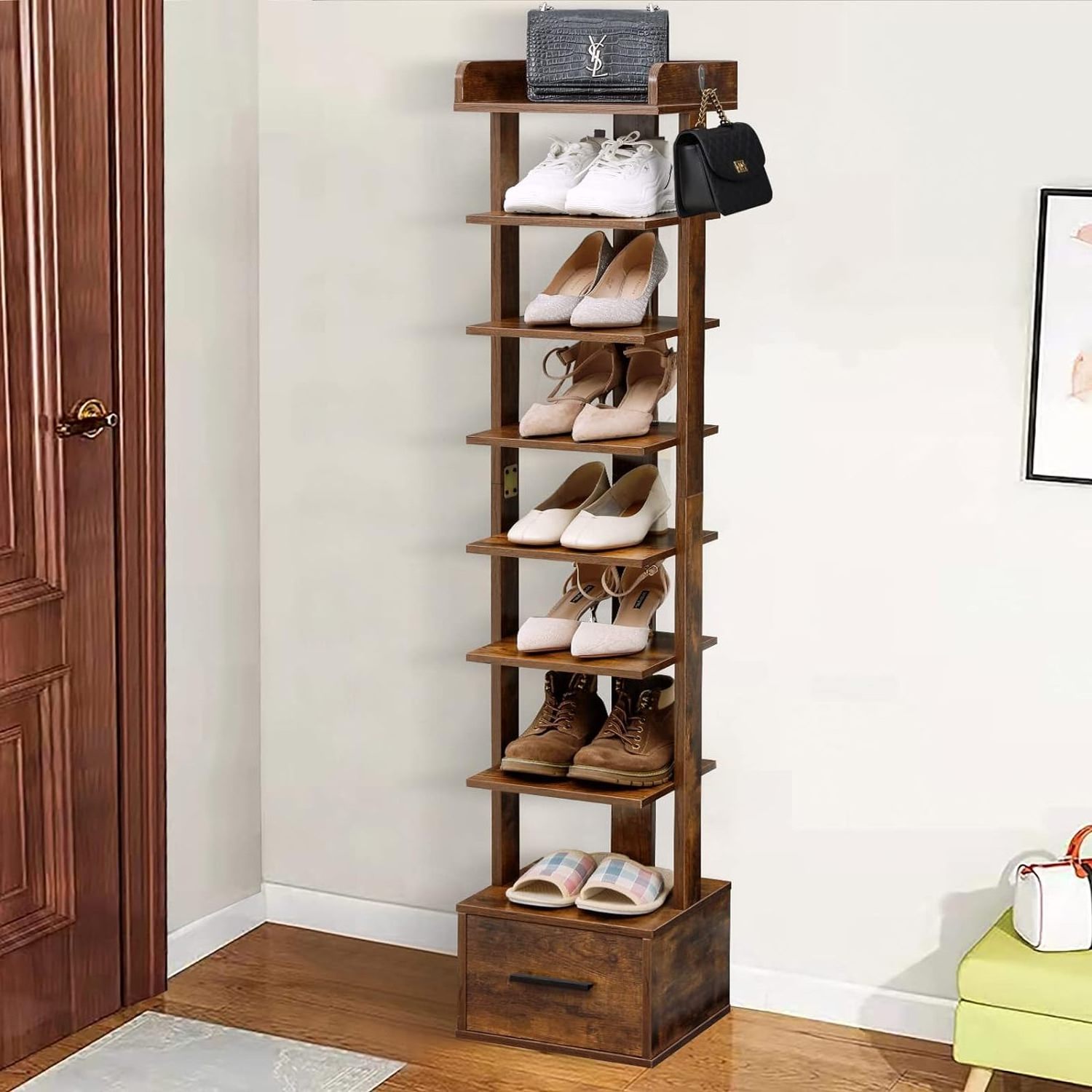 8 Tiers Vertical Shoe Rack Wooden Narrow Shoe Tower with Drawer Free Standing Shoe Storage Shelf for Small Space Entryway