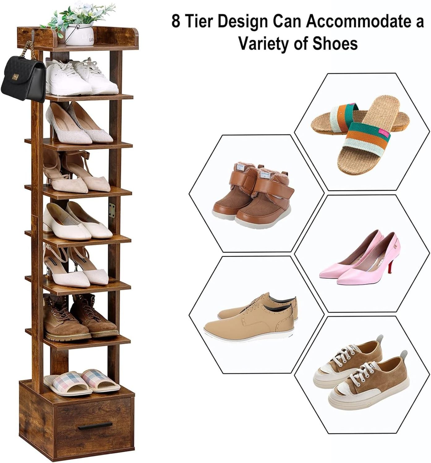 8 Tiers Vertical Shoe Rack Wooden Narrow Shoe Tower with Drawer Free Standing Shoe Storage Shelf for Small Space Entryway