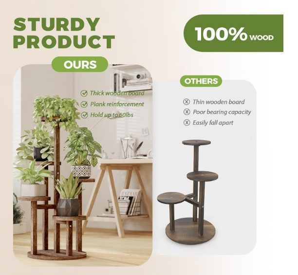 Promotion items 5 Tier Tall Plant Stand Indoor Corner Wood Plant Shelf for Multiple Plants Tiered Round Flower Stand