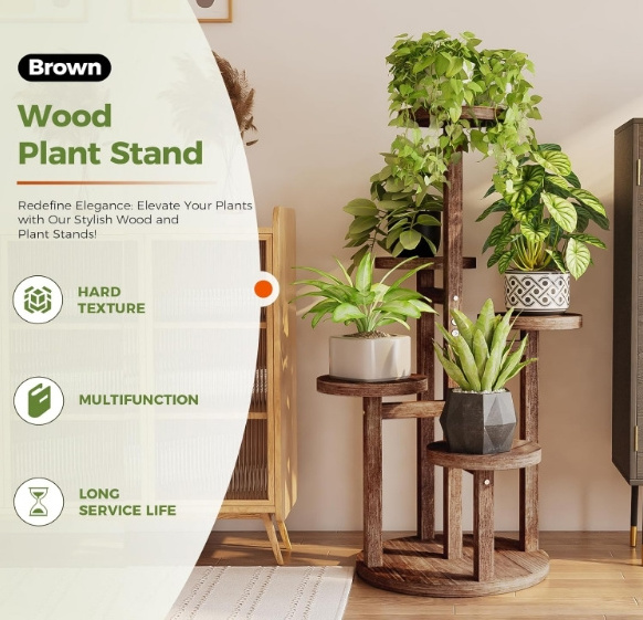 Promotion items 5 Tier Tall Plant Stand Indoor Corner Wood Plant Shelf for Multiple Plants Tiered Round Flower Stand