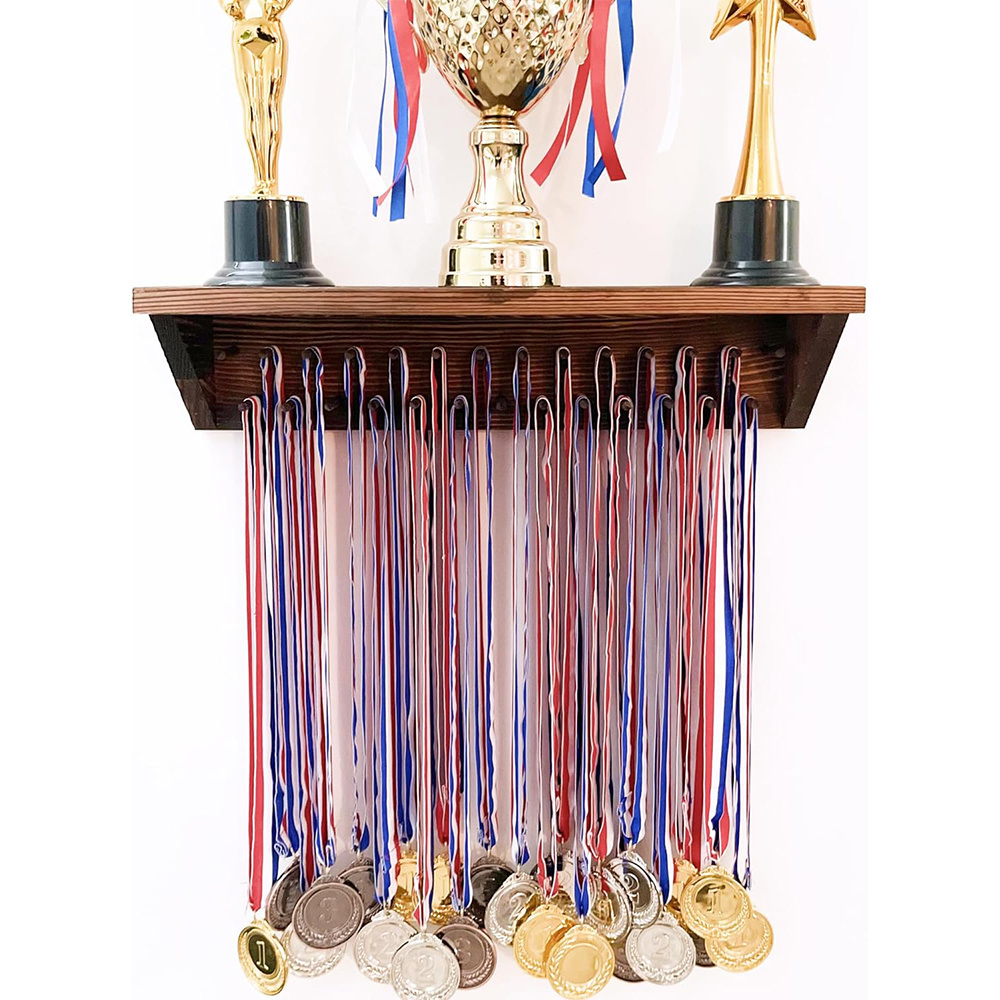 Wooden Medal Holder for Wall Mount Ribbon Display Medal Hanger Display and Trophy Shelf Soccer Running Race Medals Awards Rack