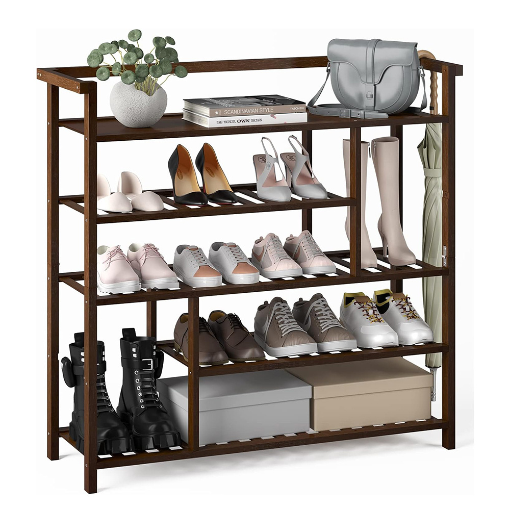 5 Tier Modern Free Standing Bamboo Shoe Rack Spacious Top with Storage Box for Closet Entryway Bedroom Shoe Organizers