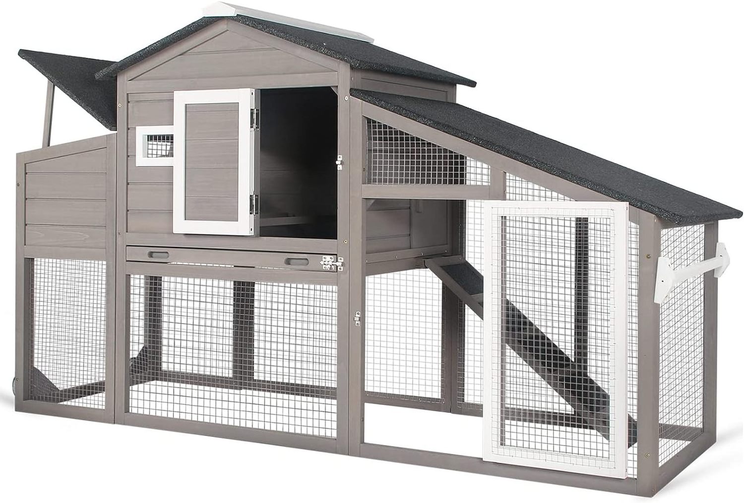 Coop Wooden - indoor and outdoor suitable for 2-3 chickens with run, chicken nest box, pull out tray and non-slip asphalt ramp