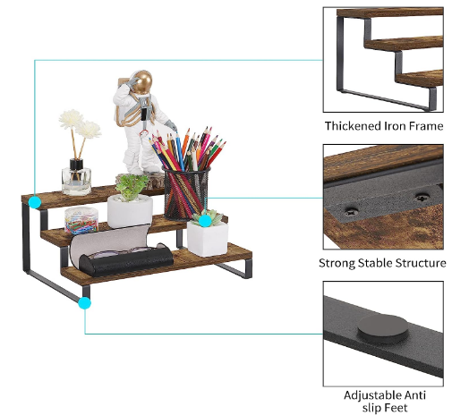 3 Tier Spice Rack 13.7 Inch Wood Step Shelf Countertop Spice Storage Holder Kitchen Pantry Cabinet Organizer