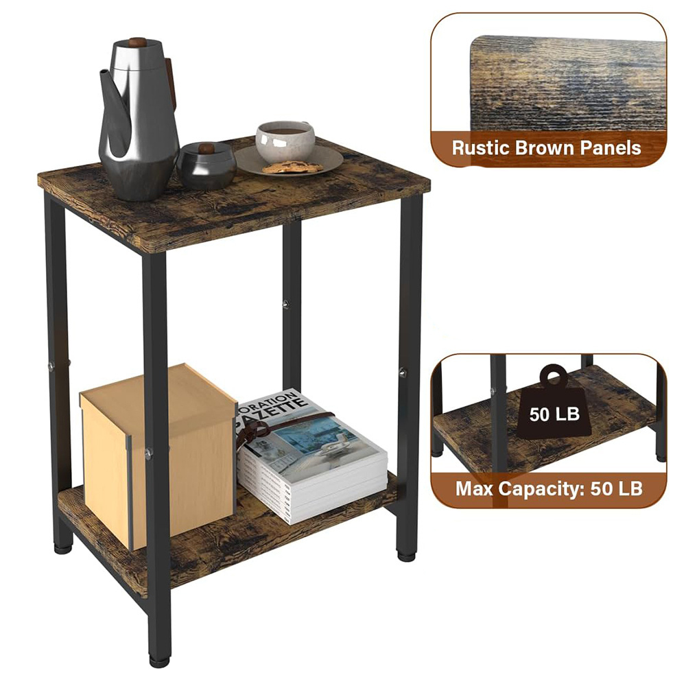 Rustic Brown Side Table Heavy Duty End Table with Shelves 2 Tier Narrow Nightstand Coffee Bedside Table for Bedroom Living Room