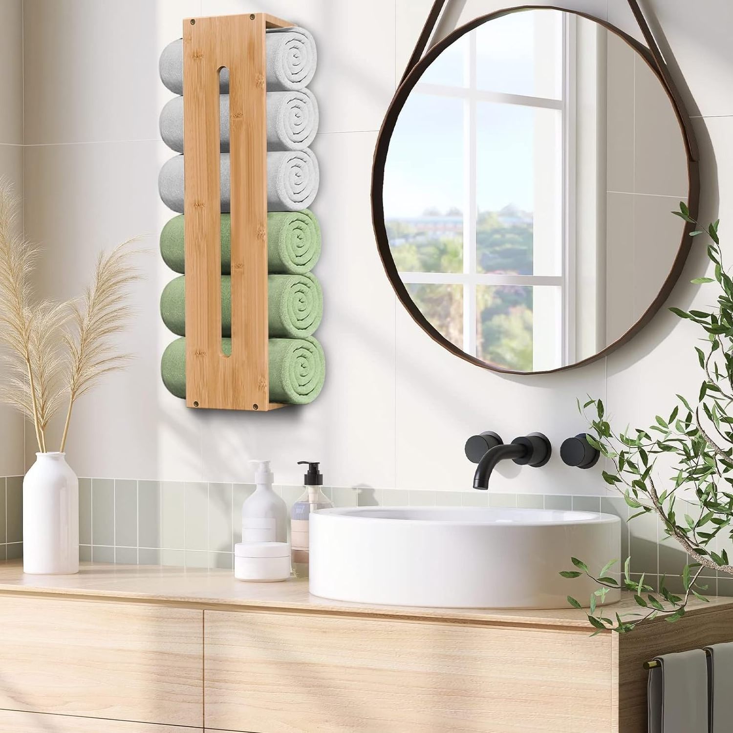 Wall Mounted Bamboo Towel Rack Rolled Durable Organizer for Bath or Kitchen Tall Storage for Bath Towels