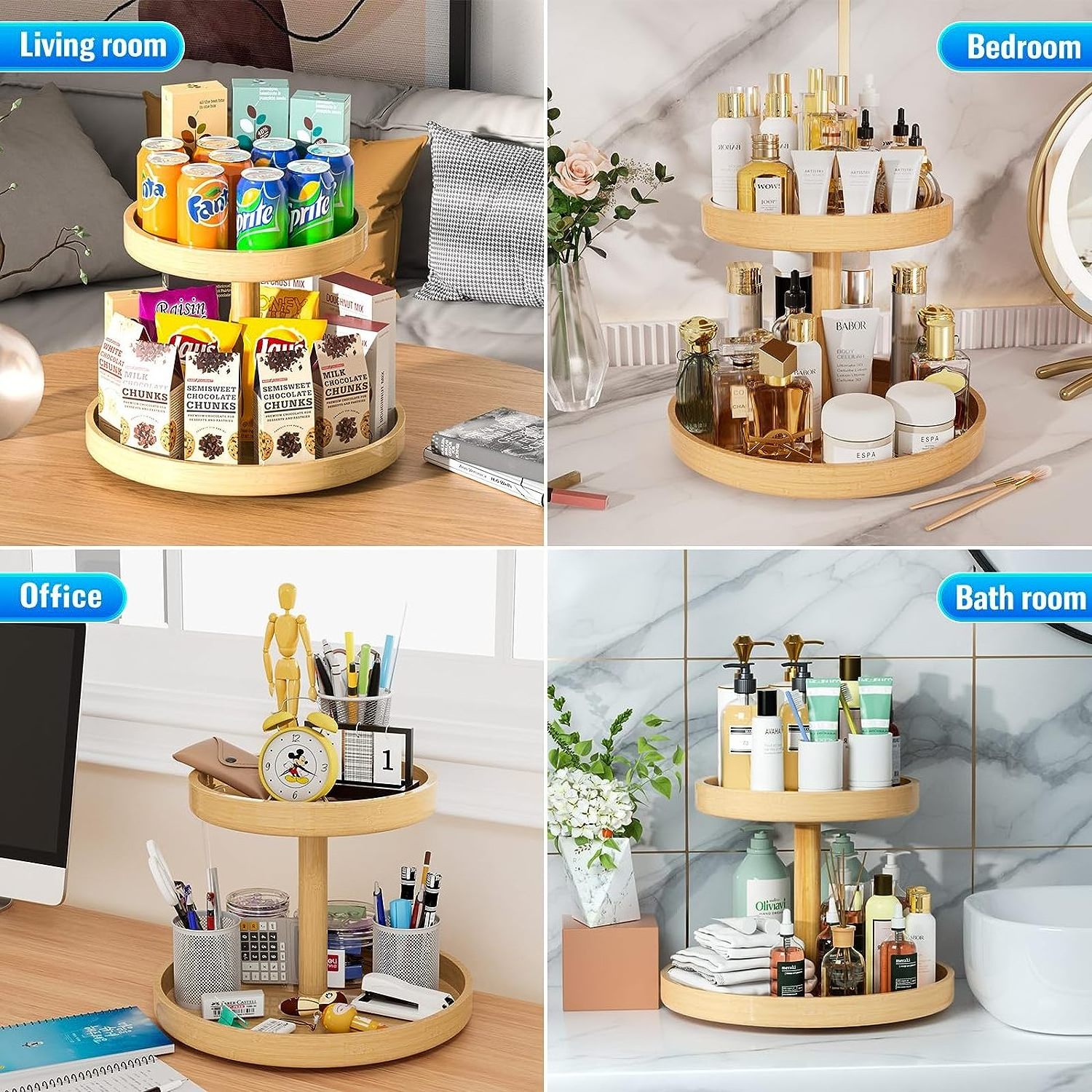 2 Tier Bamboo Storage Shelf for Kitchen Turntable Organizer for Pantry Table Countertop Corner Shelf Wooden Spice Organizer