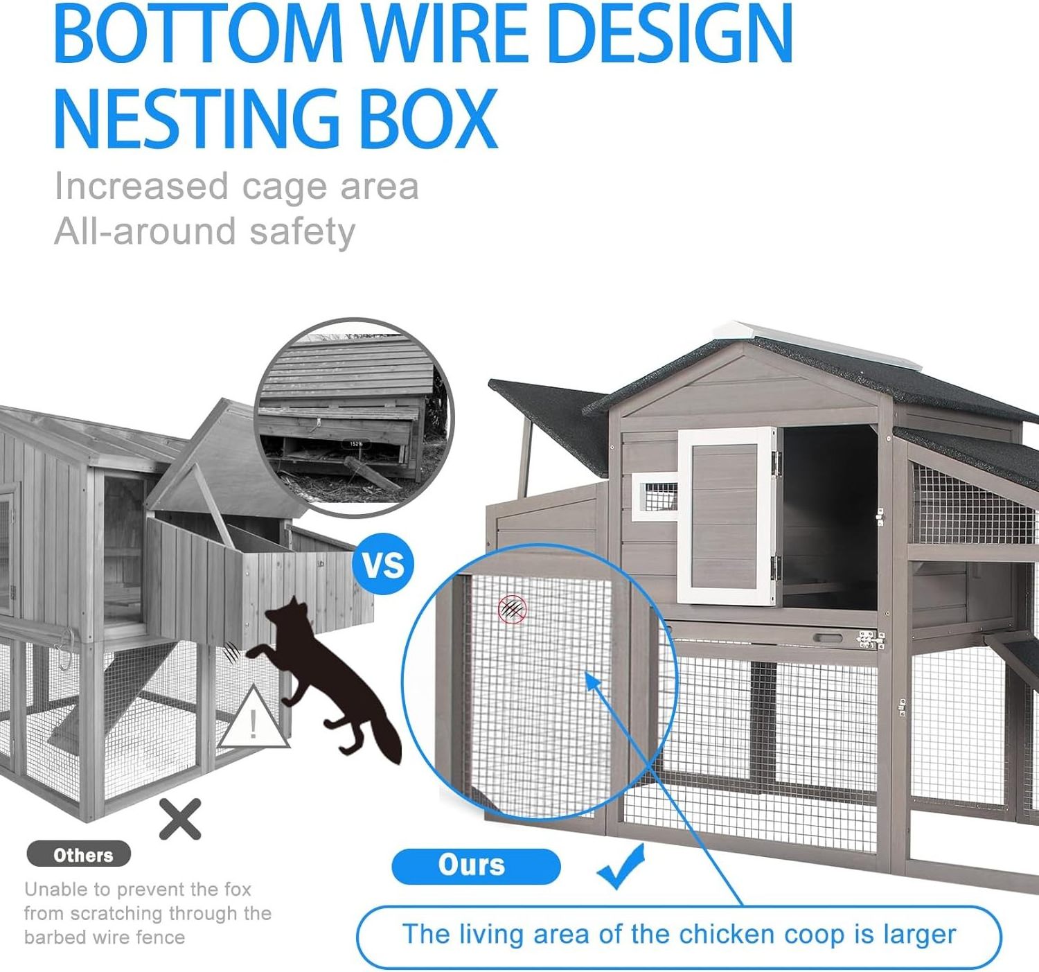 Coop Wooden - indoor and outdoor suitable for 2-3 chickens with run, chicken nest box, pull out tray and non-slip asphalt ramp