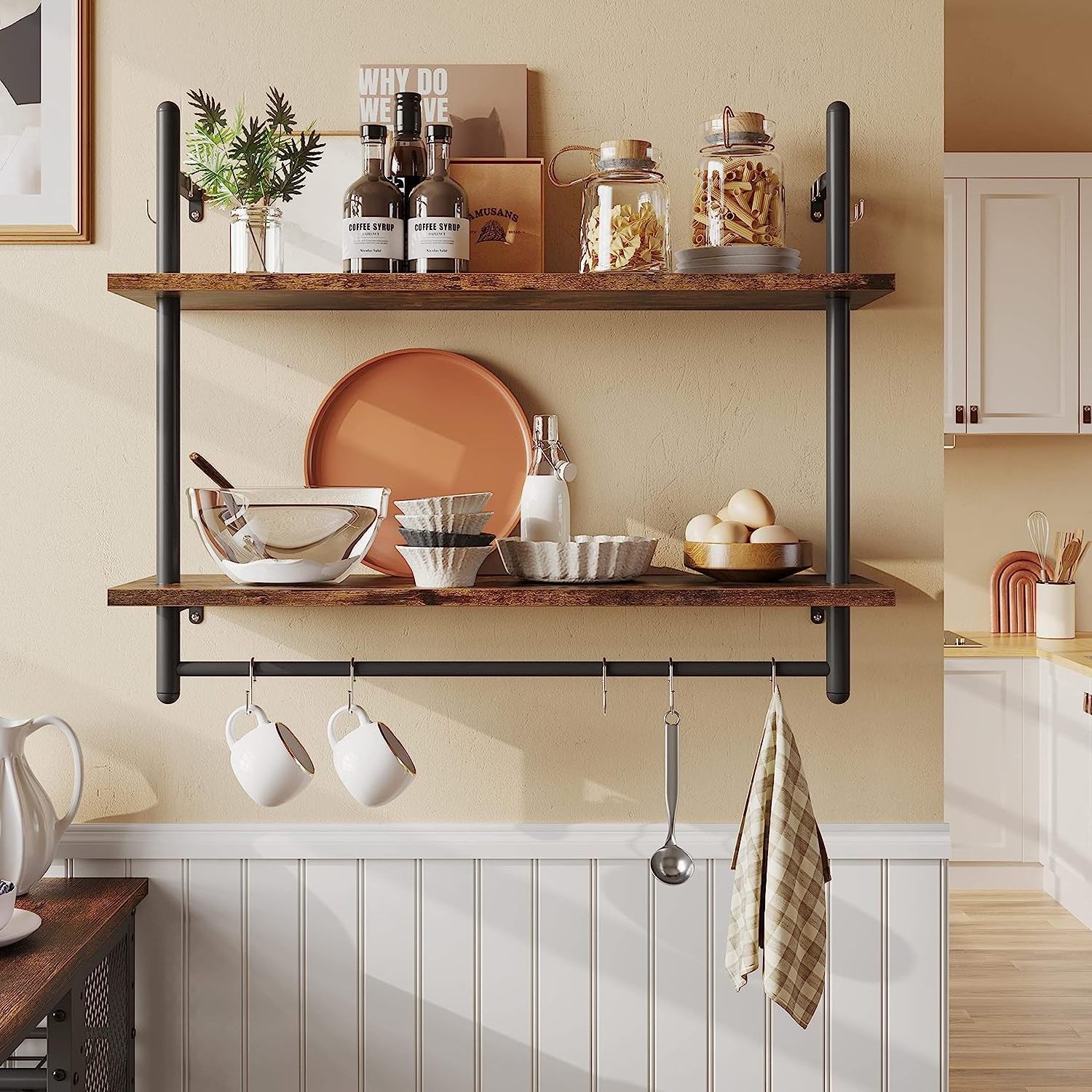 Floating rack kitchen wall mounted shelf with towel rod hook hanging display shelf living room bathroom kitchen available