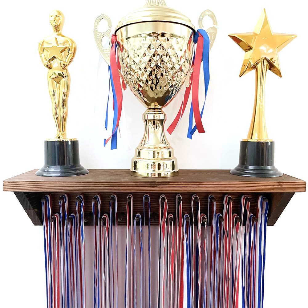 Wooden Medal Holder for Wall Mount Ribbon Display Medal Hanger Display and Trophy Shelf Soccer Running Race Medals Awards Rack