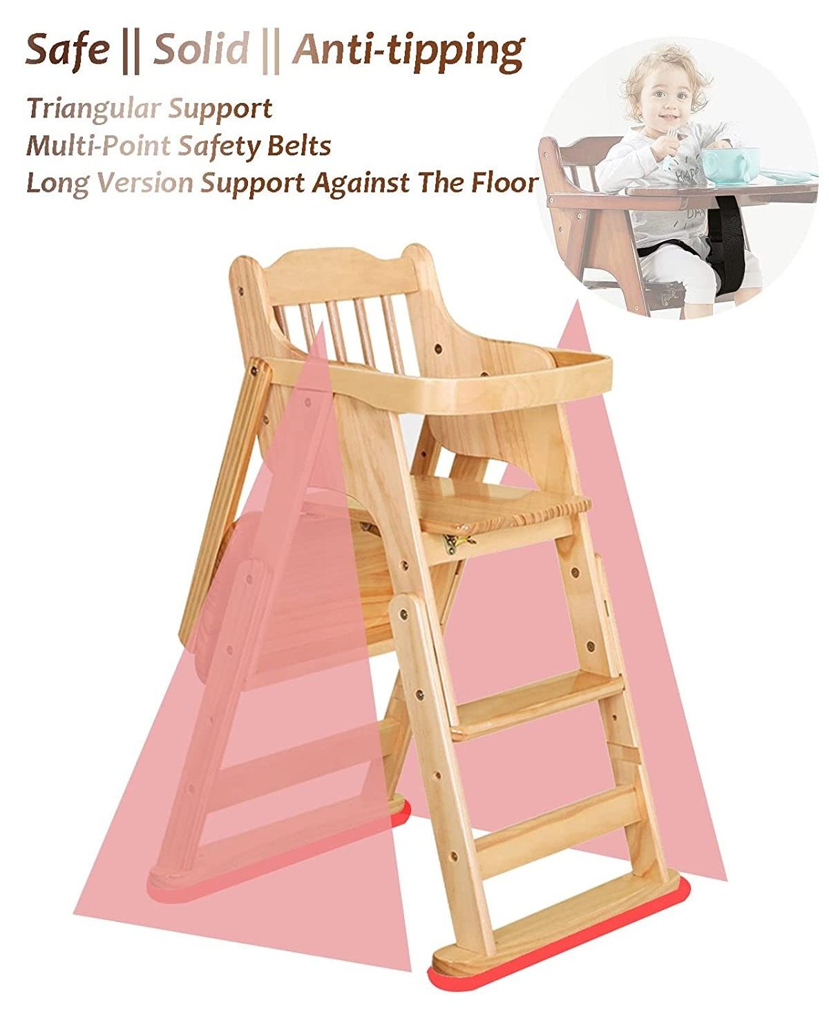 Wood Baby High Chair with Tray High Stool Dining Chair for Babies Toddlers Portable Kids Folding Chair