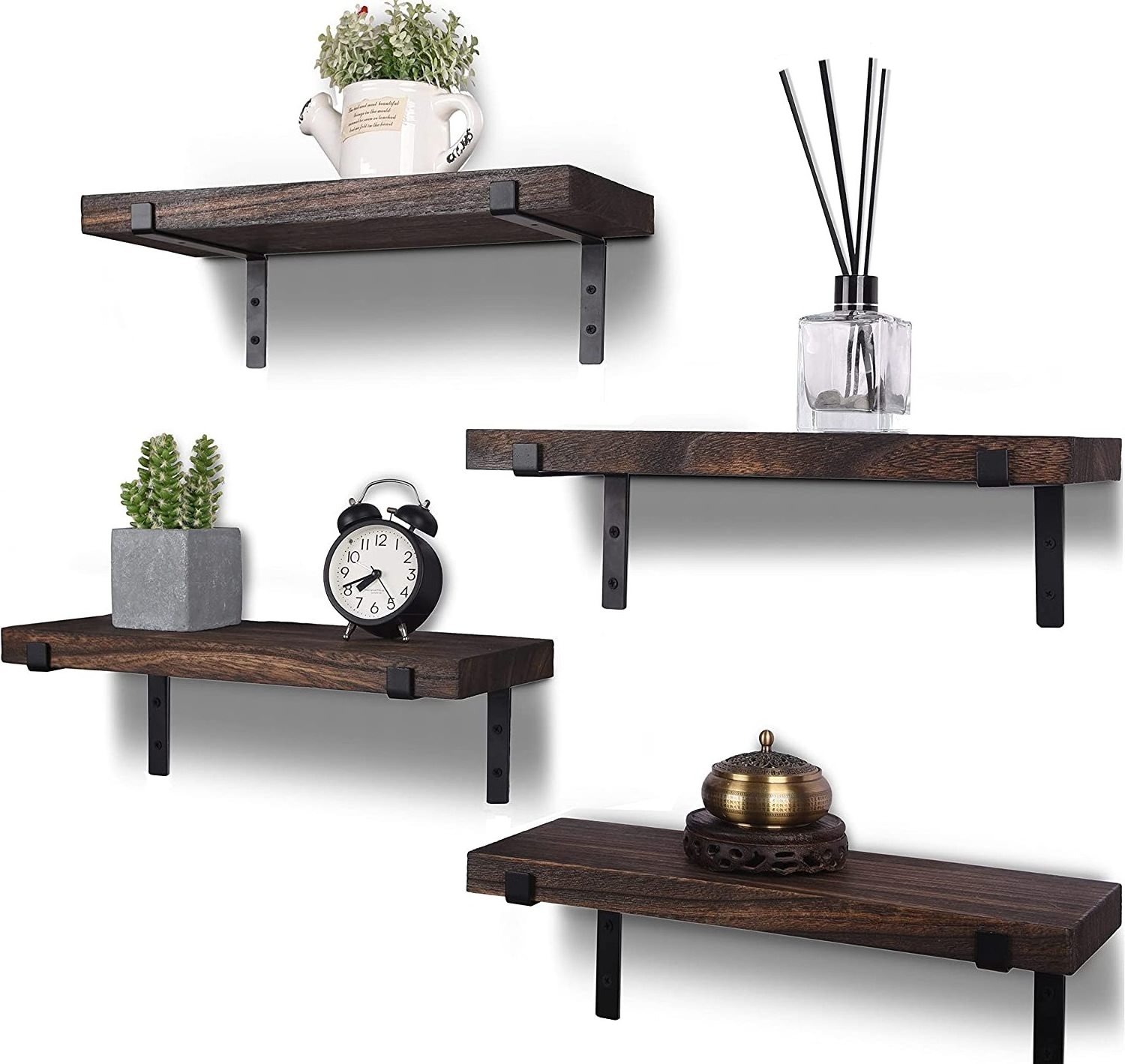 Country style wood floating shelf 4 piece set dark brown for wall decoration bathroom kitchen bedroom living room storage