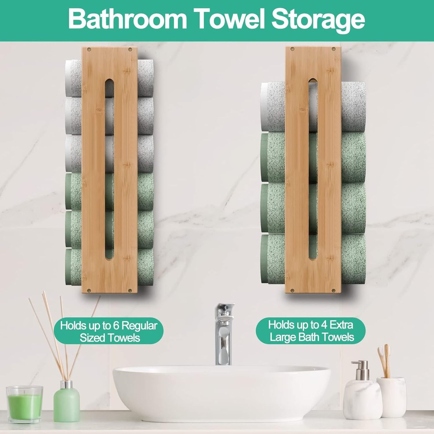 Wall Mounted Bamboo Towel Rack Rolled Durable Organizer for Bath or Kitchen Tall Storage for Bath Towels