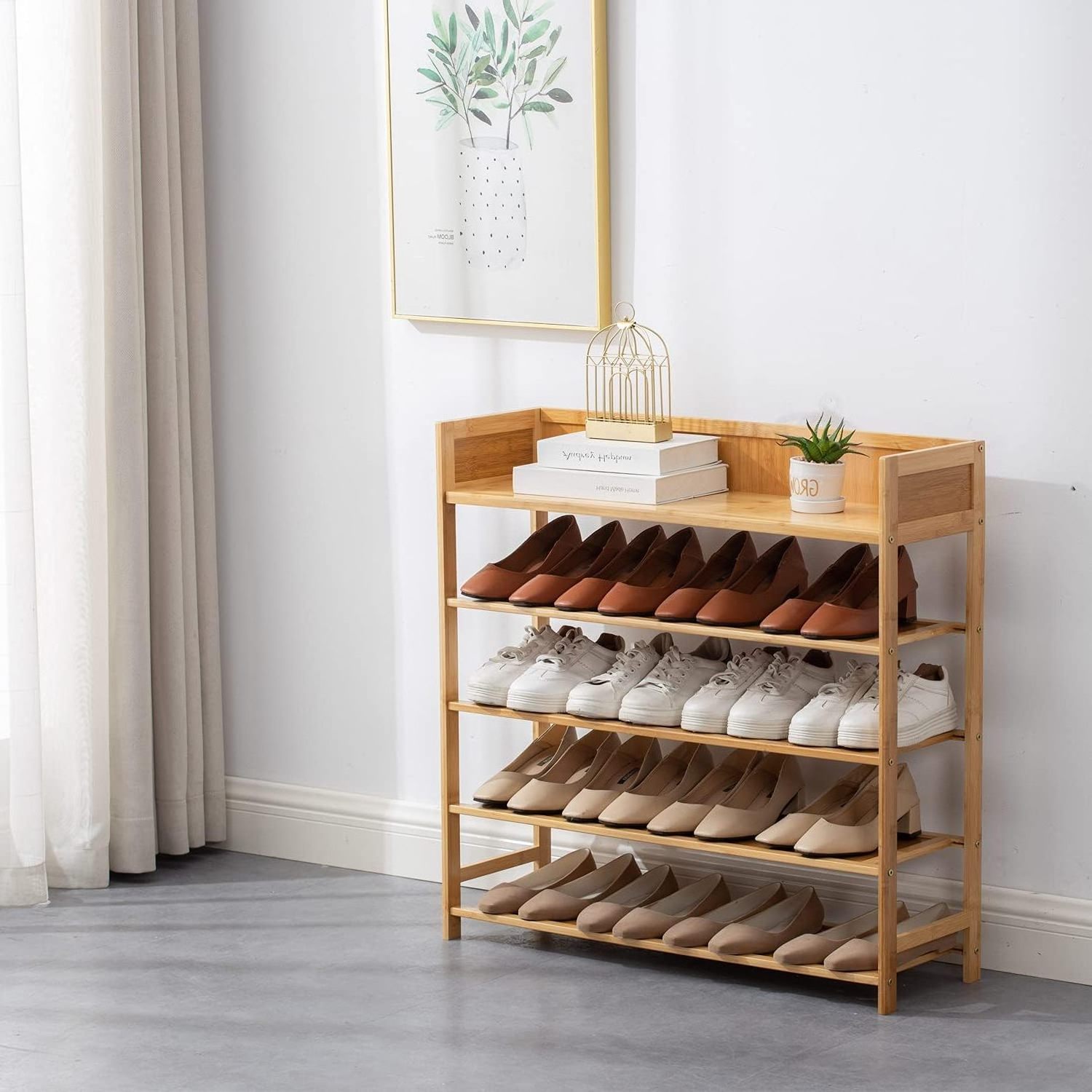 Bamboo 5-layer shoe rack storage rack suitable for entryways, hallways and closets