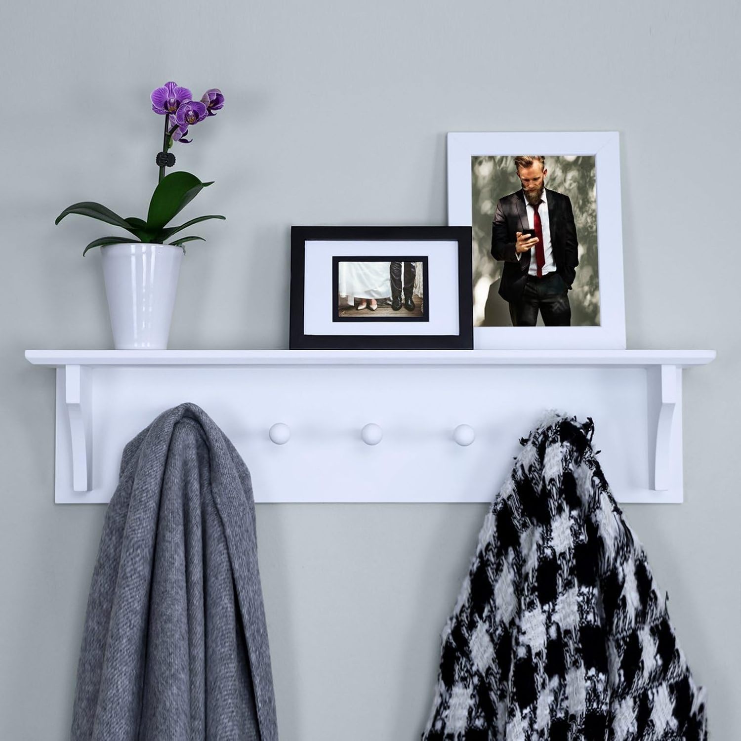 White Wooden Wall Rack with Floating Coat and Hat Hooks for Office or Home Entryway Bathroom Rack Wall Shelf for Hanging Coat