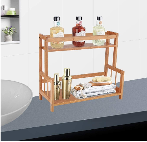 2 Tier Bamboo Spice Rack Organizer Kitchen Countertop Storage Shelf Free Standing Holder Under Cabinet Bathroom