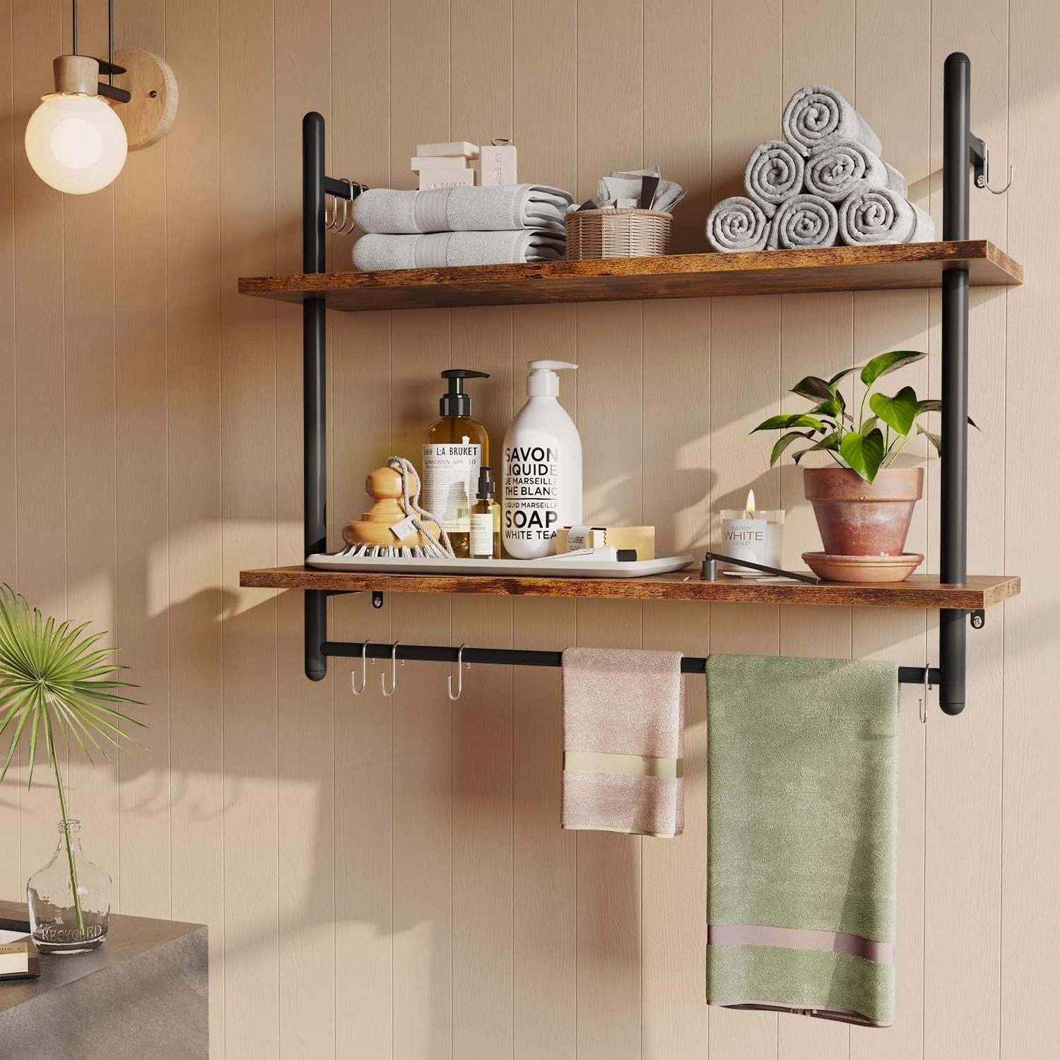 Floating rack kitchen wall mounted shelf with towel rod hook hanging display shelf living room bathroom kitchen available