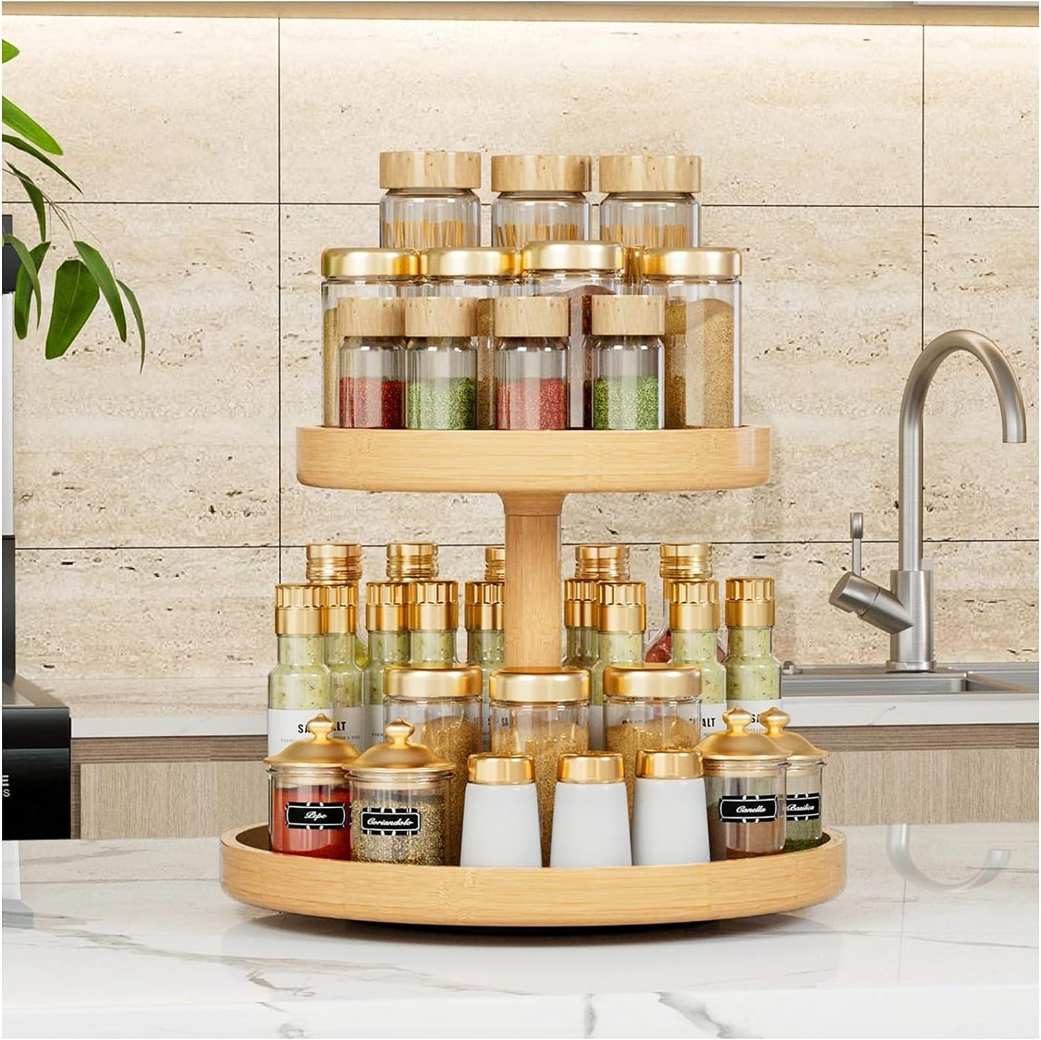 2 Tier Bamboo Storage Shelf for Kitchen Turntable Organizer for Pantry Table Countertop Corner Shelf Wooden Spice Organizer