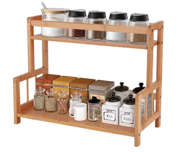 2 Tier Bamboo Spice Rack Organizer Kitchen Countertop Storage Shelf Free Standing Holder Under Cabinet Bathroom