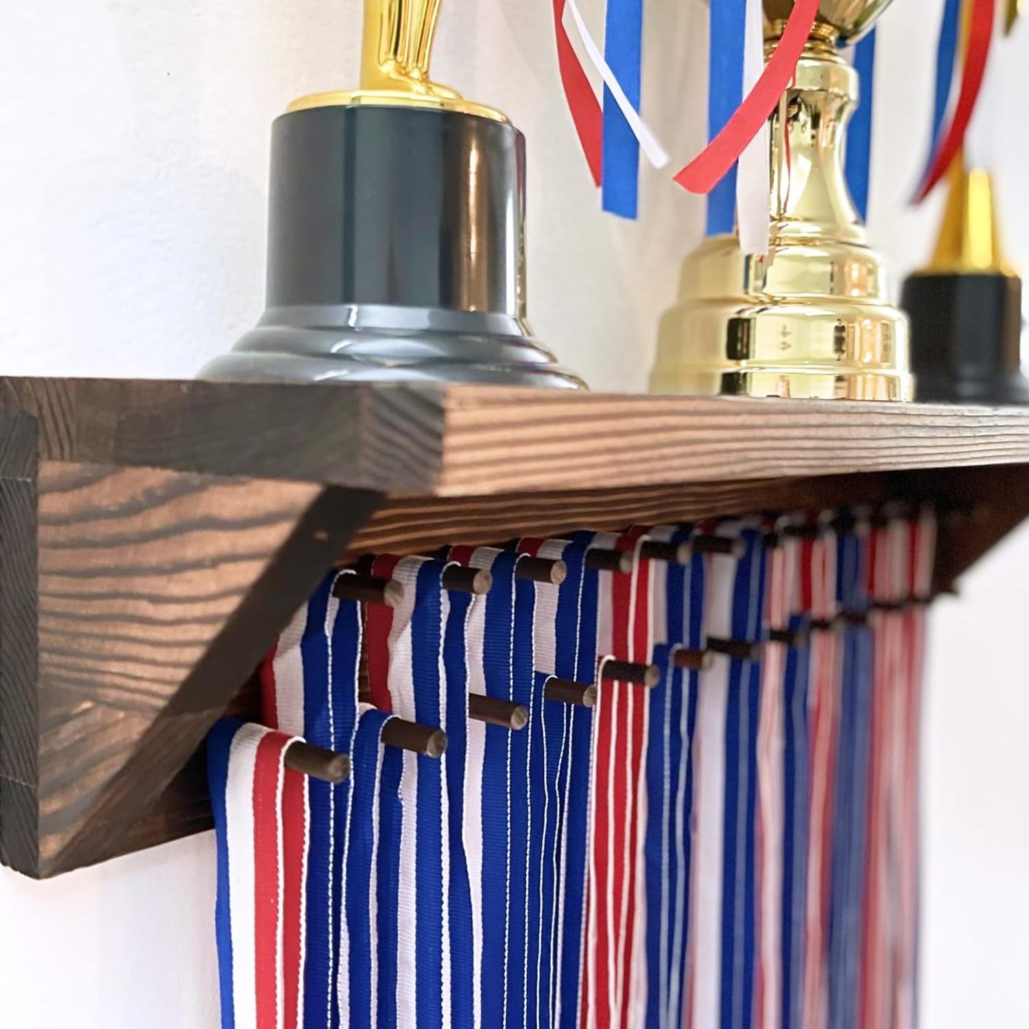 Wooden Medal Holder for Wall Mount Ribbon Display Medal Hanger Display and Trophy Shelf Soccer Running Race Medals Awards Rack