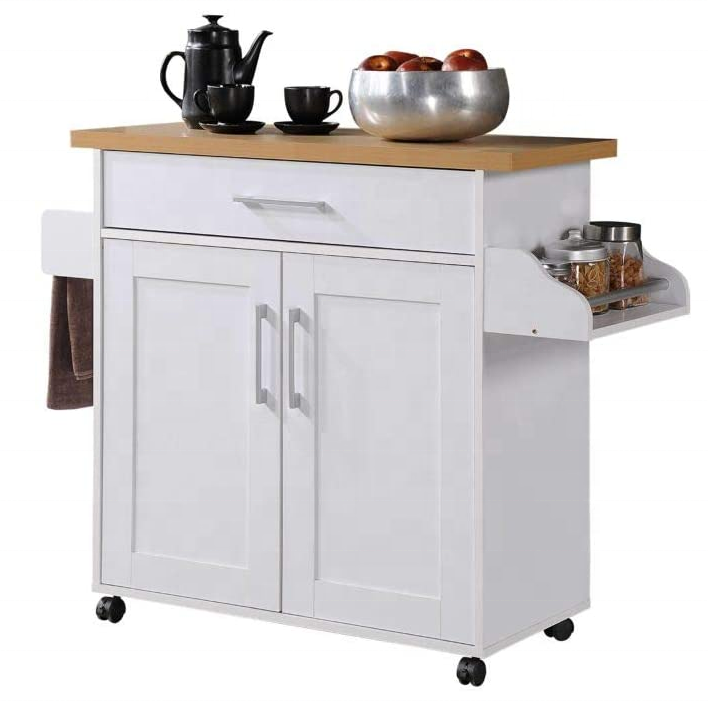 portable durable white wood base beech top rolling kitchen cart trolley with towel rack and drawer