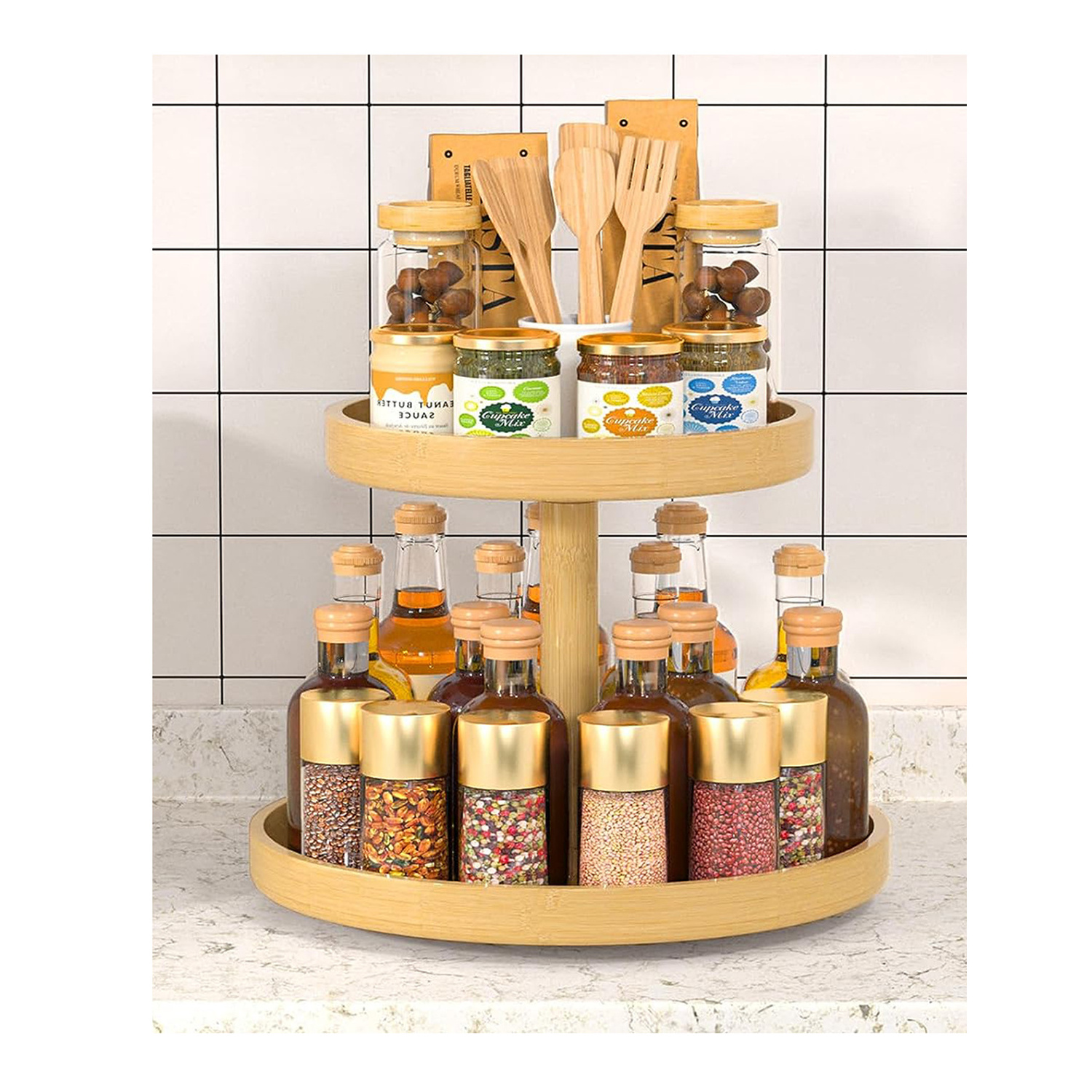 2 Tier Bamboo Storage Shelf for Kitchen Turntable Organizer for Pantry Table Countertop Corner Shelf Wooden Spice Organizer