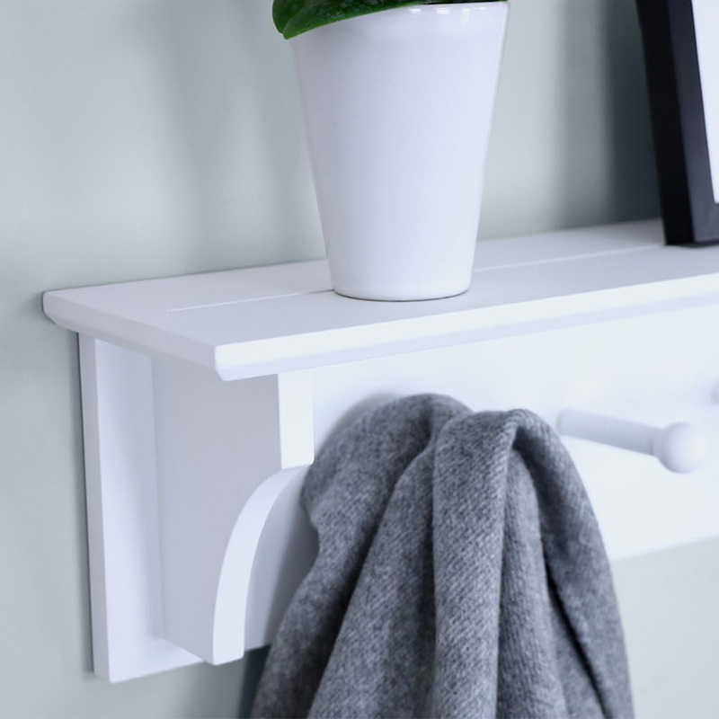 White Wooden Wall Rack with Floating Coat and Hat Hooks for Office or Home Entryway Bathroom Rack Wall Shelf for Hanging Coat