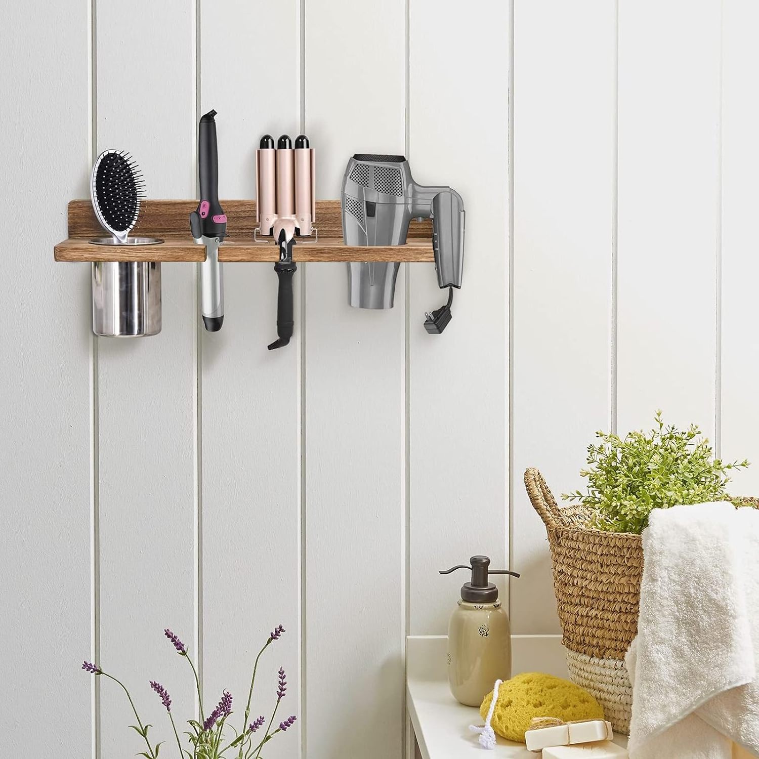 Bathroom Wall Mount Hair Dryer Holder HairCare Tool Organizer Farmhouse Wooden Beauty Hair Appliance Storage Shelf for Flat Iron