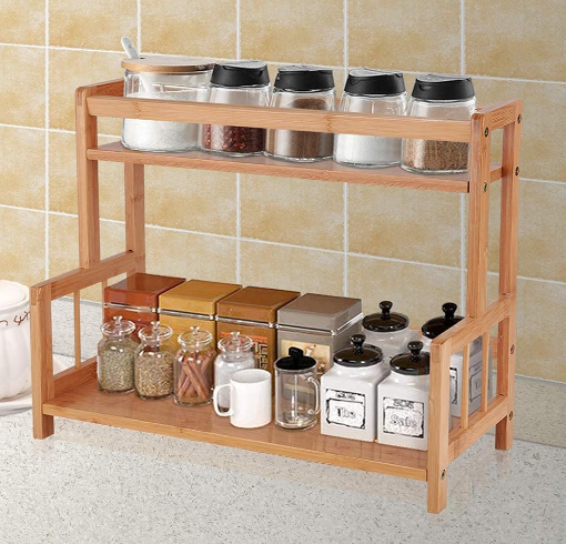 2 Tier Bamboo Spice Rack Organizer Kitchen Countertop Storage Shelf Free Standing Holder Under Cabinet Bathroom